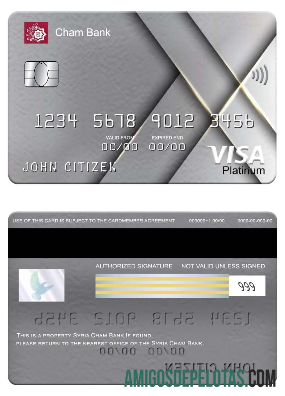 Cartão Visa Platinum da Síria Cham Bank exemplo